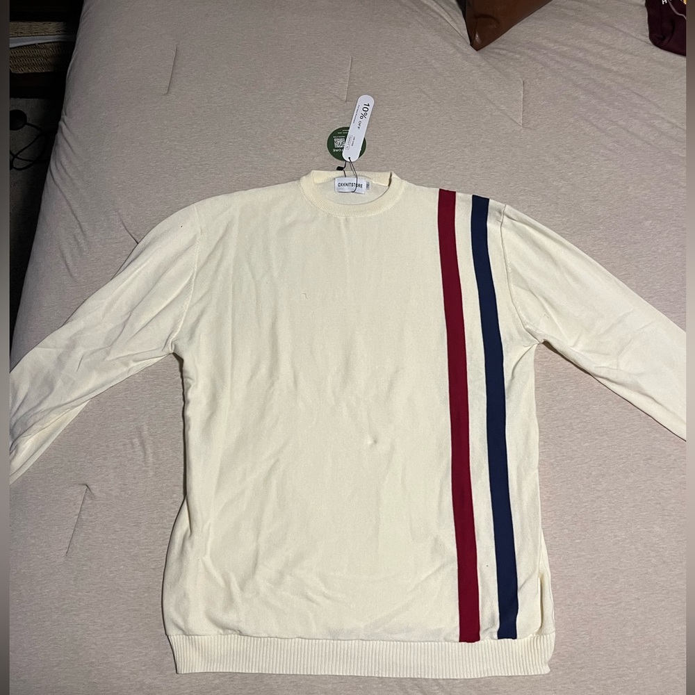 Men’s Ecru Jumper Knitted Shirt with Red & Blue Racing Stripe